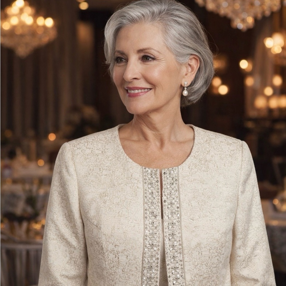 Tahari Cream Brocade Beaded Evening Jacket (2PC Set – Dress Missing